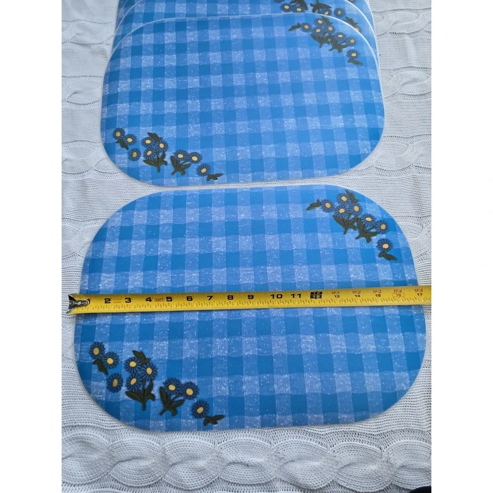 VTG Set of 6 Reversible Oval Laminated Placemats Blue Gingham Daisy Floral w/box